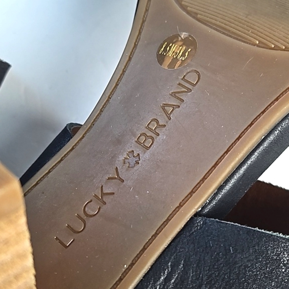 Lucky Brand Jodalee Black Leather Ankle Strap Wooden Stacked Block Heel Sandal - Picture 14 of 16